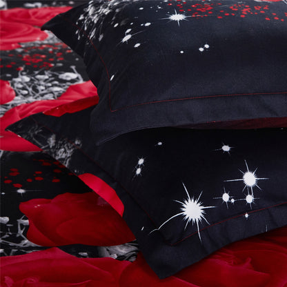 Red Flowers Rose Black Modern Luxury Comforter Bedding Set