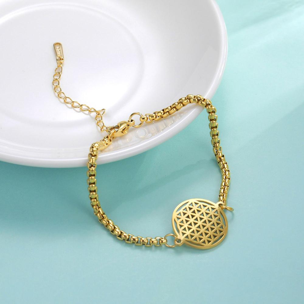 Flower of Life Round Stainless Steel Bracelet Gold Silver Color Charm Bracelets for Women Chain Fashion Jewelry Gifts