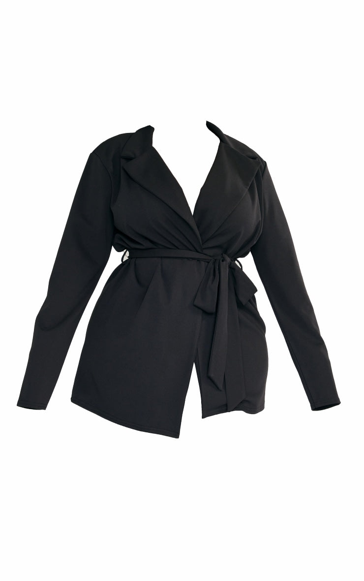 Plus Mocha Scuba Crepe Shoulder Padded Wrap Belted Blazer