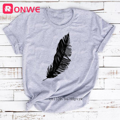 Women Casual Fashion T-shirt Feather Print Loose O-neck Short Sleeve Elastic Stretched Summer Home New Tee Shirt