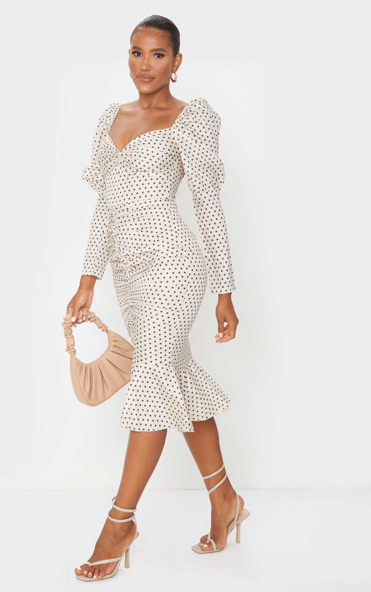 Nude Polka Dot Puff Sleeve Ruched Detail Frill Hem Midi Dress