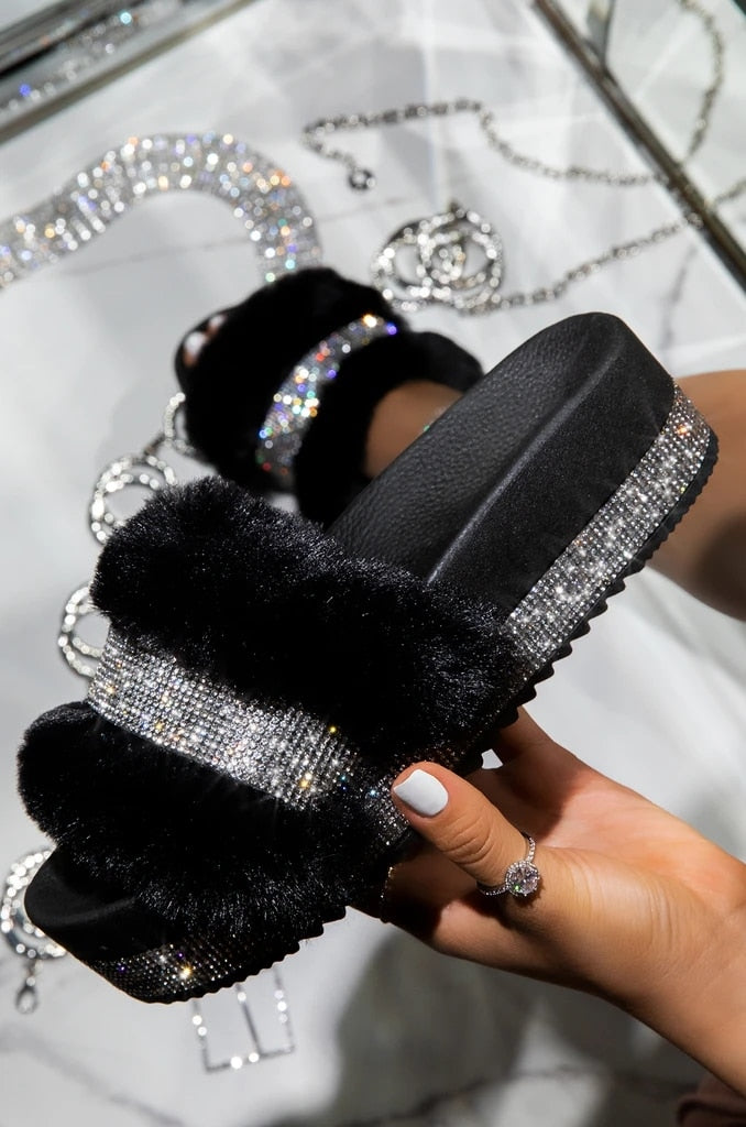 Luxury Rhinestones fur slippers