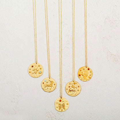 Gold Coin Disk Pendant Zodiac Necklace for Men Women