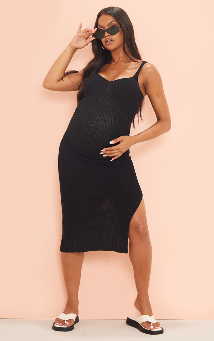 Maternity Hot Pink Ribbed Knitted Midaxi Dress