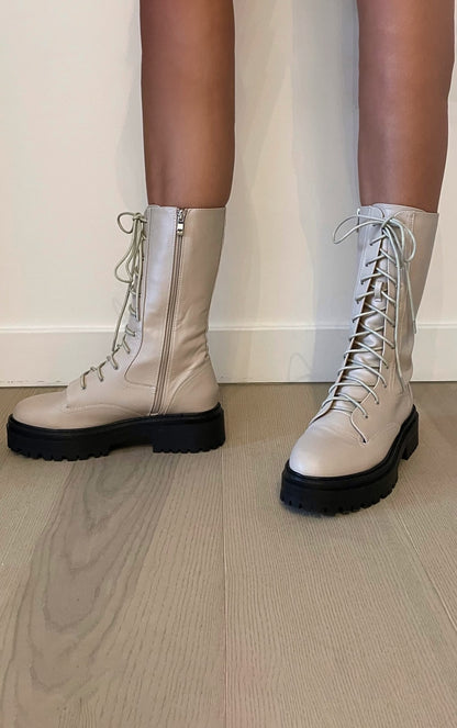 Cream Calf High Lace Up Chunky Biker Boots