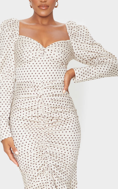 Nude Polka Dot Puff Sleeve Ruched Detail Frill Hem Midi Dress