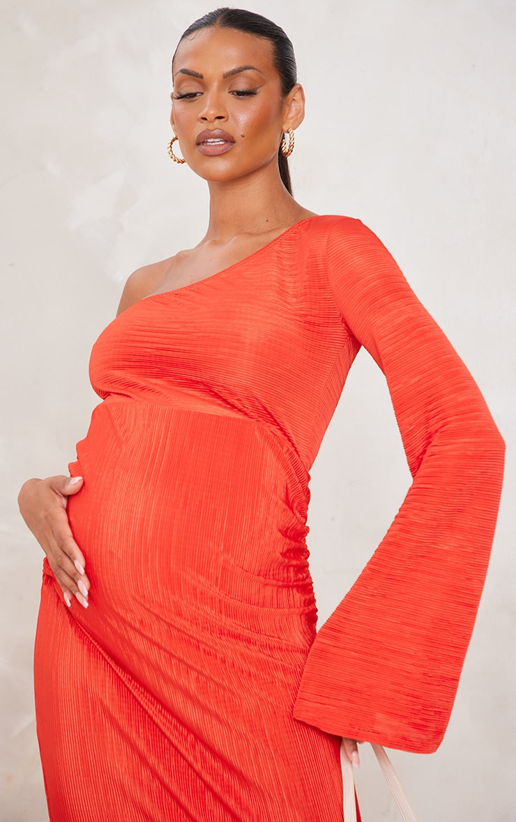 Maternity Red One Shoulder Plisse Midaxi Dress