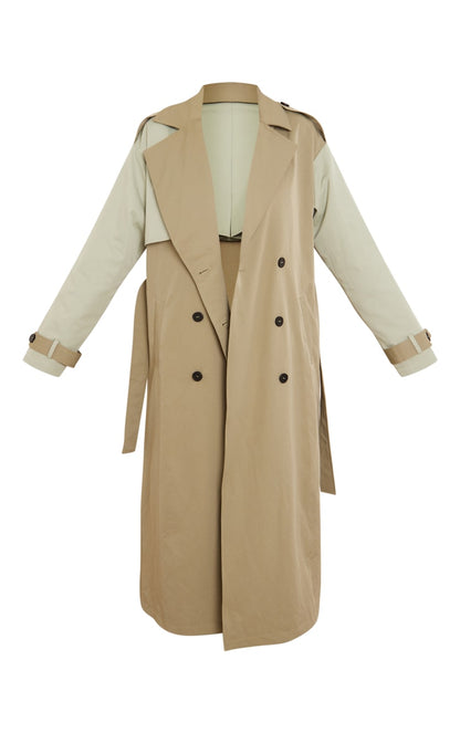 Khaki Belted Two Tone Trench Coat