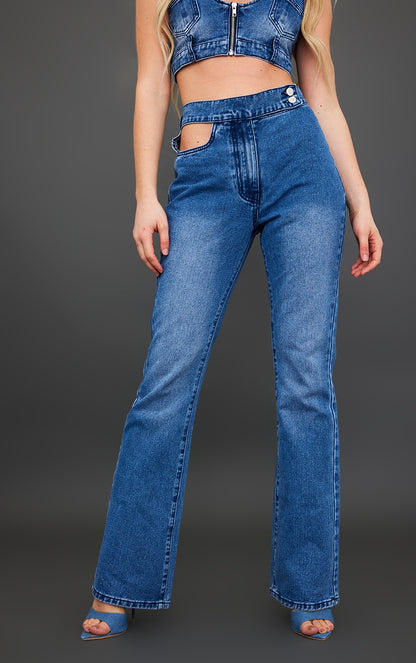 Mid Blue Wash Button Detail Flared Jeans