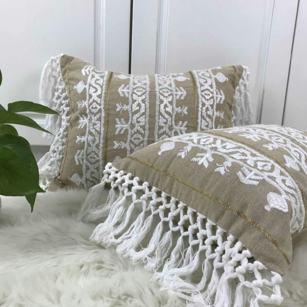 Linen Embroidery Cushion Cover with Tassel