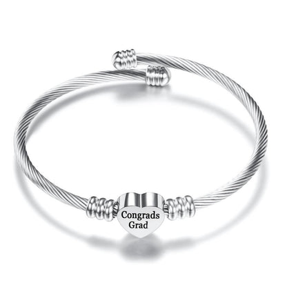 Congratulation 2020 Graduates! "Congrads Grad" Heart Charm Stainless Steel Bangle ITALY Made