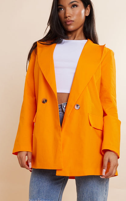 Orange Premium Cotton Double Breasted Flap Pocket Oversized Blazer