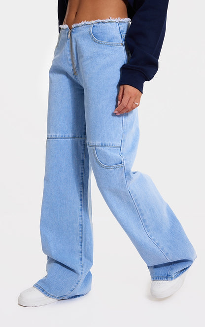 Light Blue Wash Frayed Waistband Wide Leg Denim Jeans