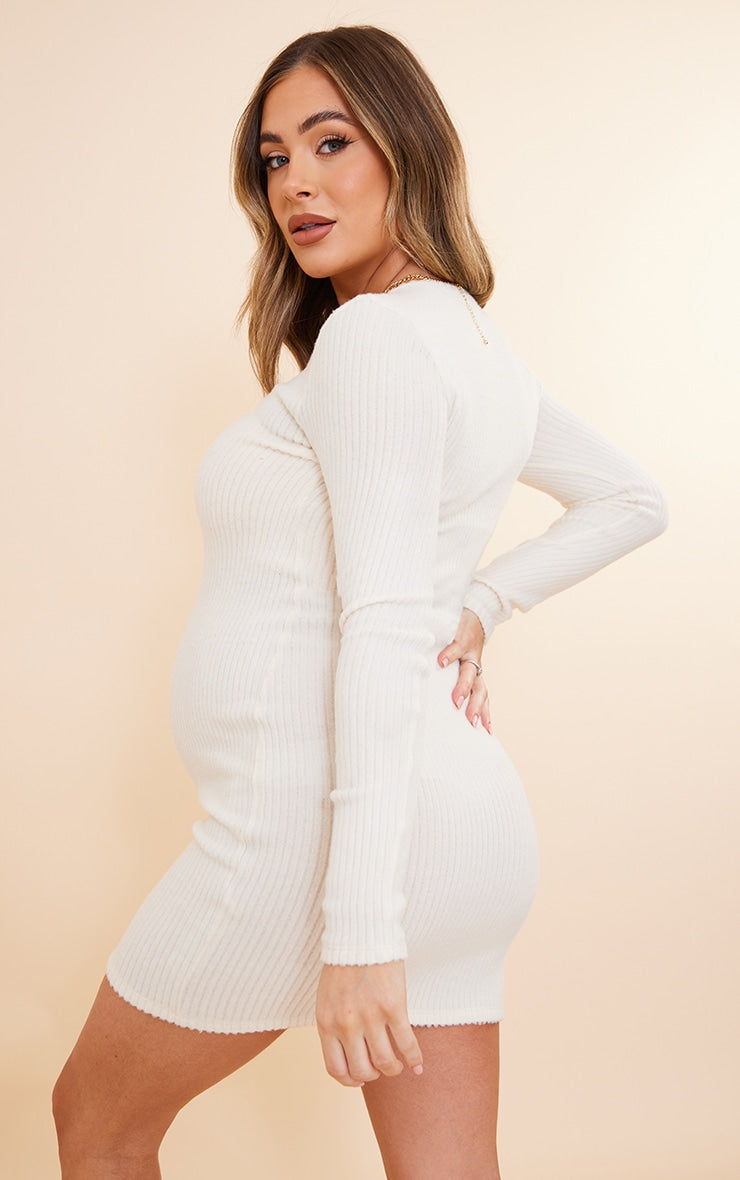 Maternity Cream Brushed Rib Plunge Bodycon Dress