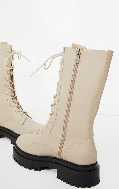 Cream Calf High Lace Up Chunky Biker Boots