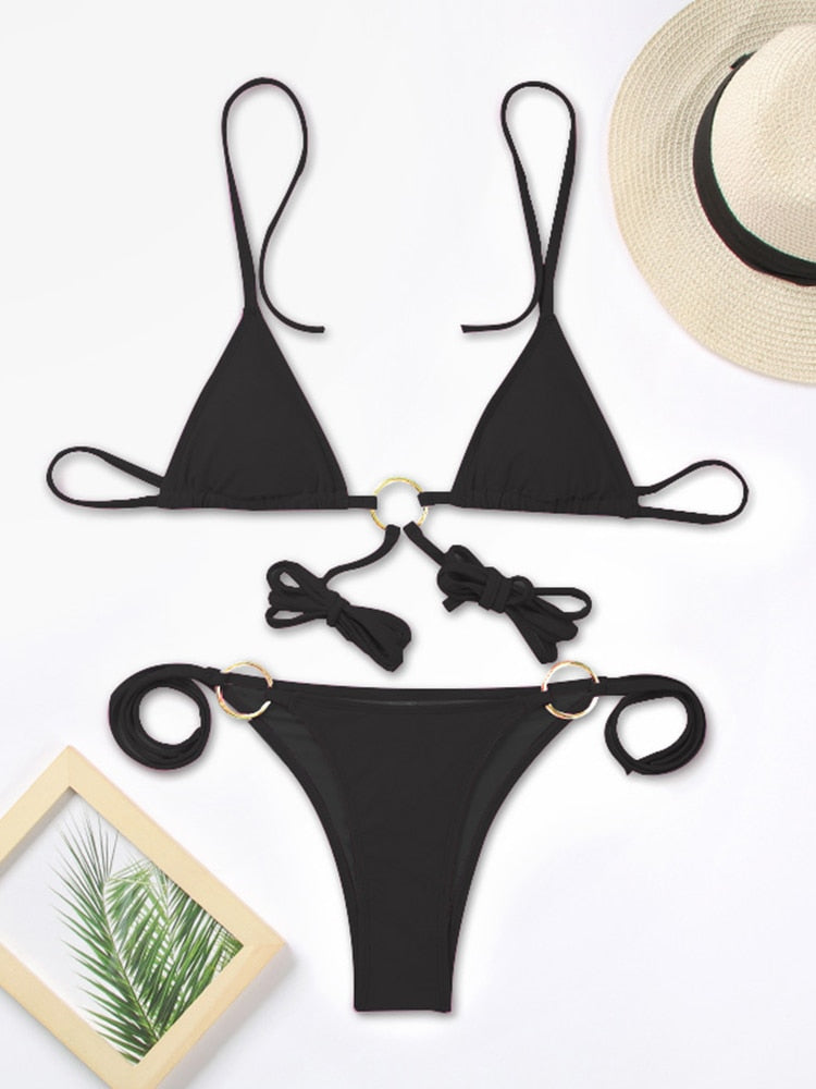 Bikini Sexy Triangle Adjust Swimwear Women Bathing Suit Hollow Out Quality Pleated Swimsuit Female Double-Sided Bikini Set