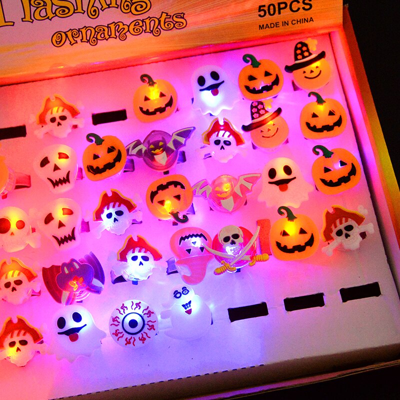 LED Light Halloween Ring Glowing Pumpkin Ghost Skull Rings Halloween Christmas Party Decoration for Home Santa Snowman Kids Gift