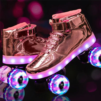 Led Rechargeable Flash Shoes Double Row 4 Wheel Roller Skates Outdoor Men Women