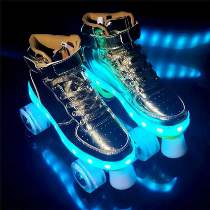 Led Rechargeable Flash Shoes Double Row 4 Wheel Roller Skates Outdoor Men Women