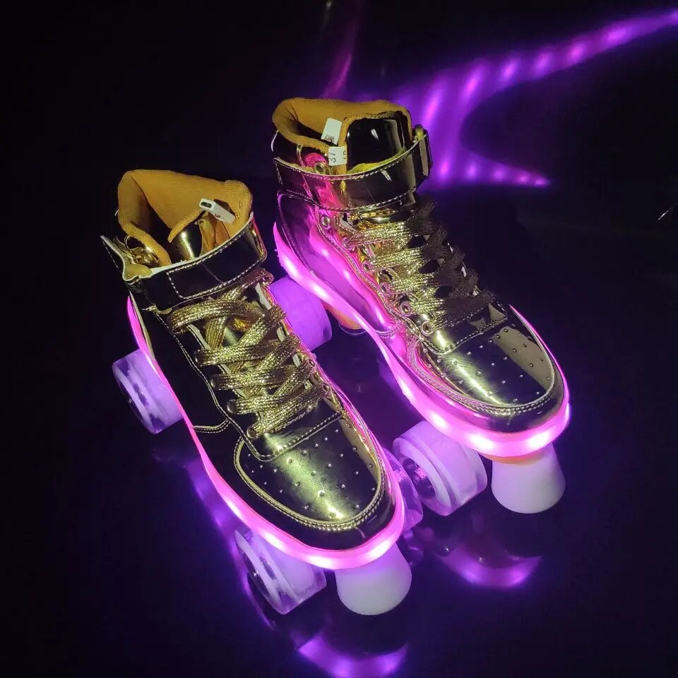 Led Rechargeable Flash Shoes Double Row 4 Wheel Roller Skates Outdoor Men Women