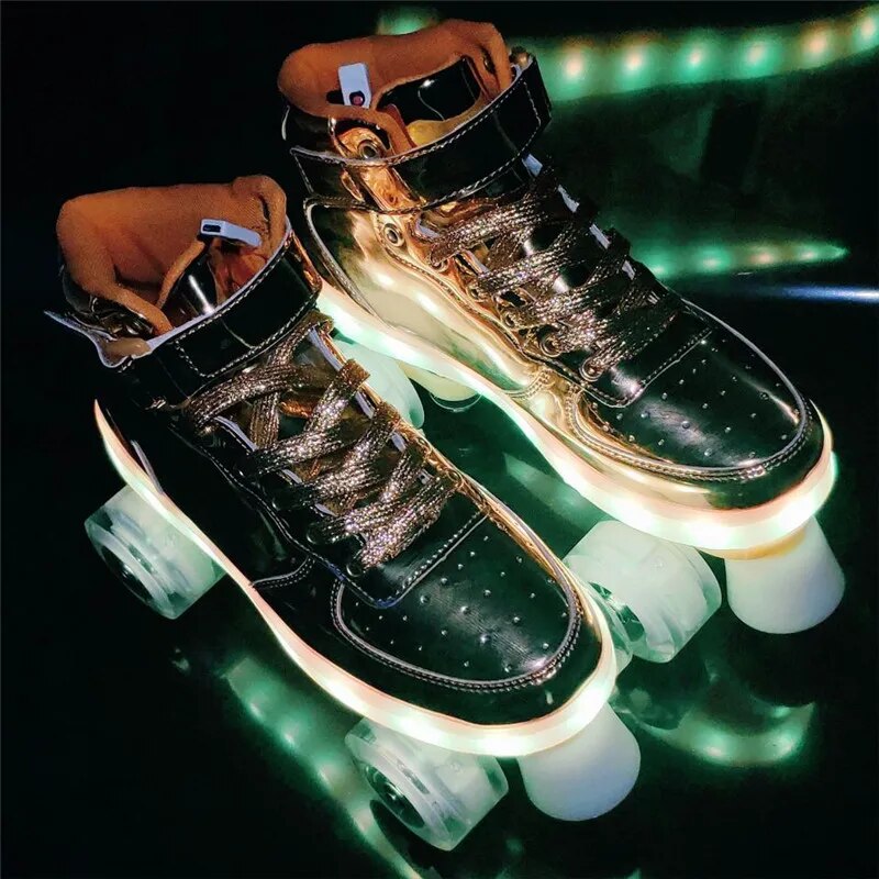 Led Rechargeable Flash Shoes Double Row 4 Wheel Roller Skates Outdoor Men Women