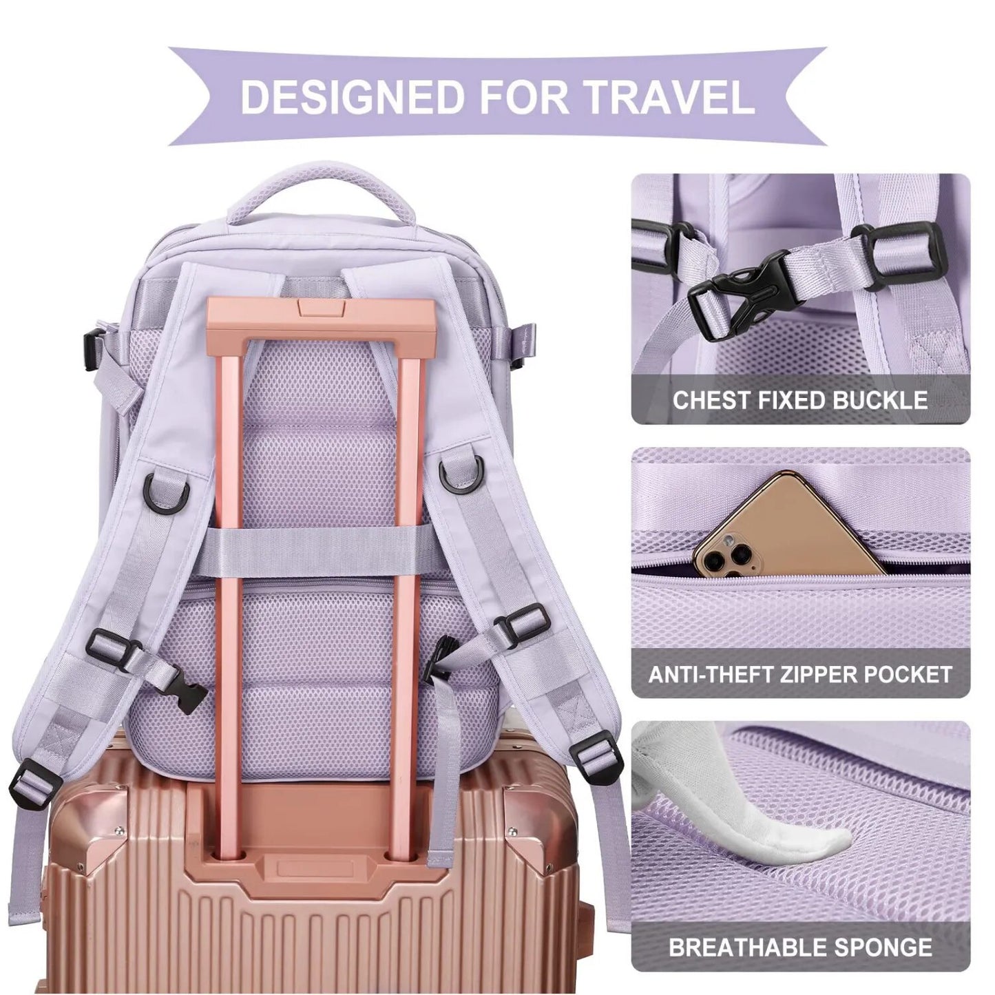 Lightweight Travel Backpack, Large Capacity Women's Multifunctional Suitcase with USB Charging