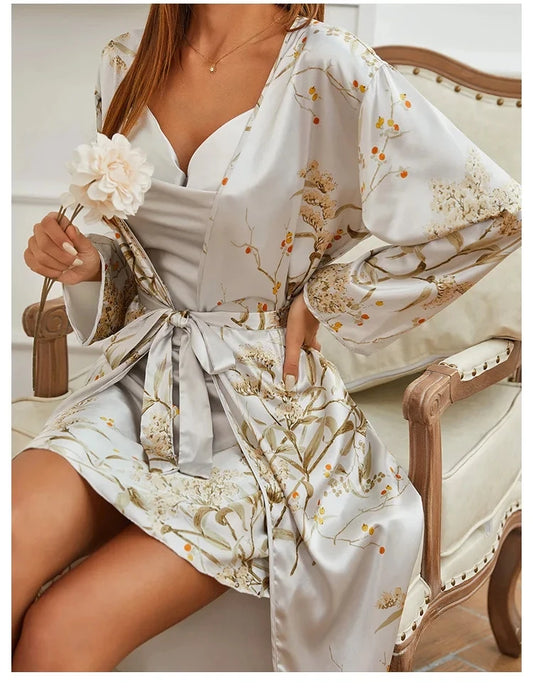 Silk Print Twinset Robe Suit Women's Satin Chemise Nightgown  Set