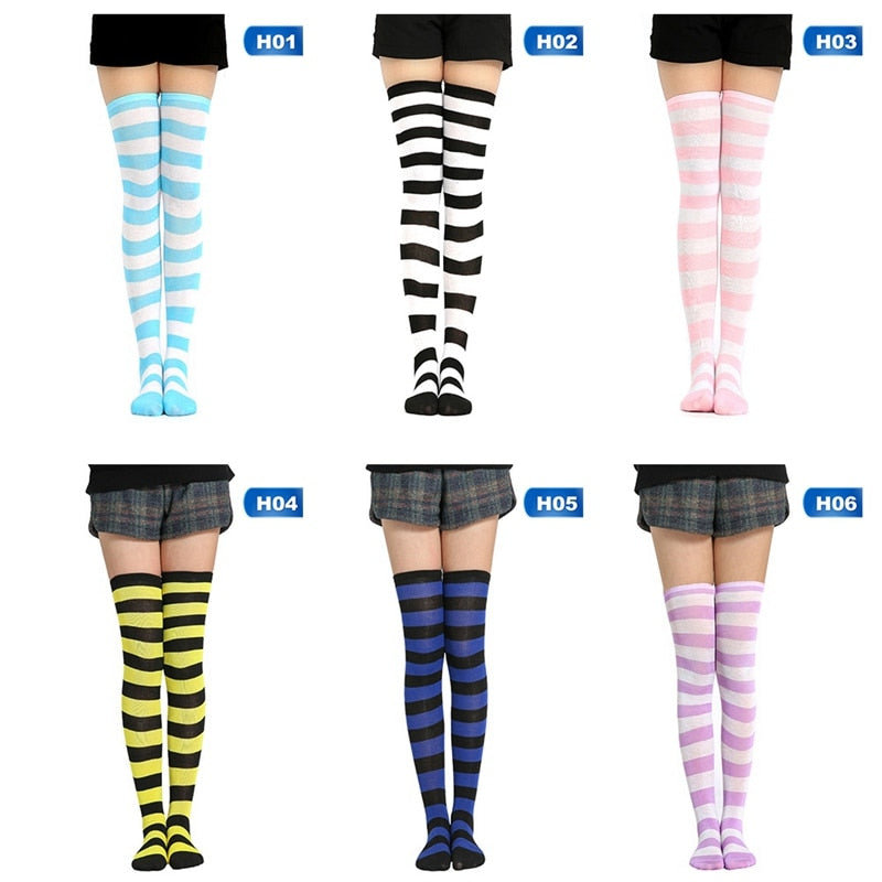 Cute Women /Girls Lolita Cotton Long Striped Thigh High Stocking