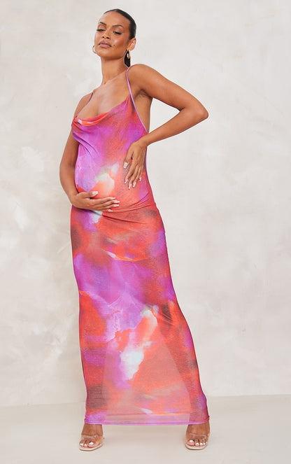 Maternity Purple Watercolour Print Cowl Maxi Dress