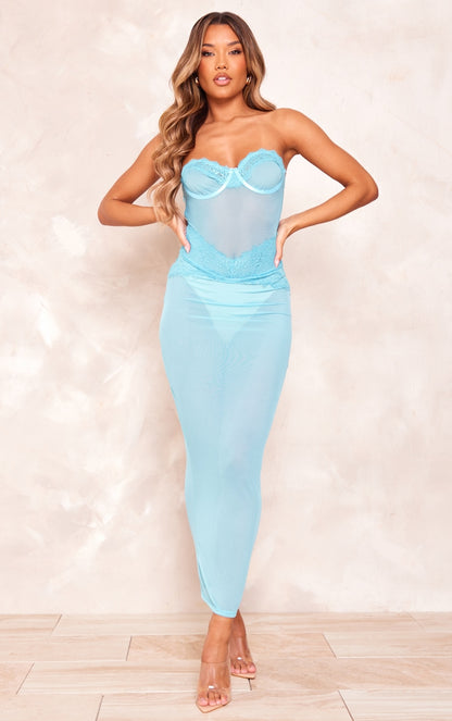 Blue Lace Bandeau Underwired Sheer Midaxi Dress