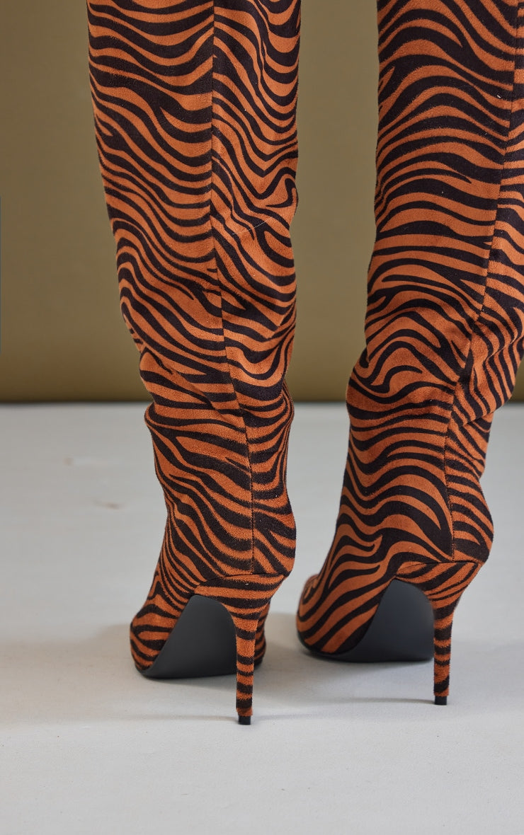 Zebra Printed Faux Suede Point Toe Stiletto Heeled Knee Boots