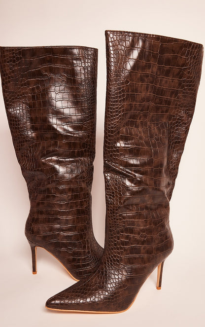 Chocolate PU Croc Detail Point Toe Stiletto Heeled Knee Boots