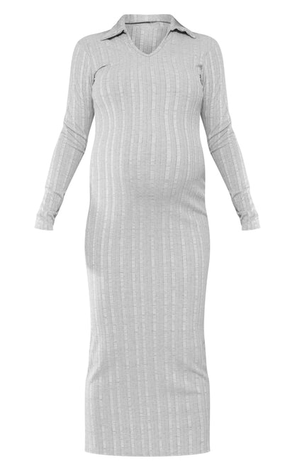 Maternity Oatmeal Ribbed Polo Neck Maxi Dress