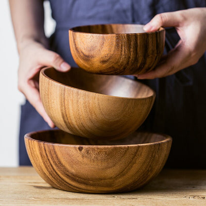 3 size unpainted acacia wooden bowl