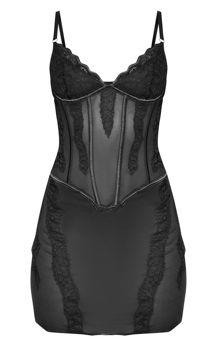 Black Lace Sheer Underwired Strappy Bodycon Dress