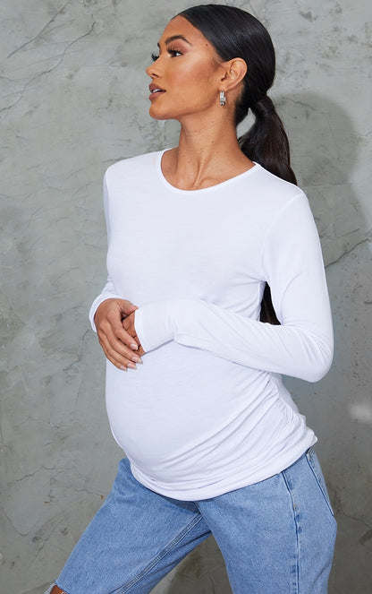 Maternity White Basic Long Sleeve Fitted Top