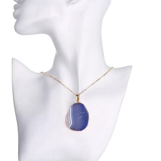 Natural Agate Blue Stone Necklace in 18K Gold Plated