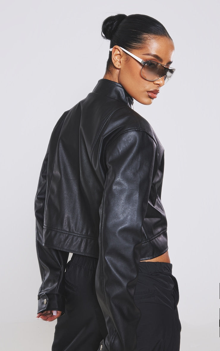 Black Pocket Detail Faux Leather Biker Jacket