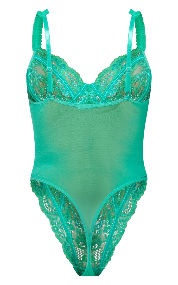 Green Mesh Frill Detail Panelling Lace Bodysuit