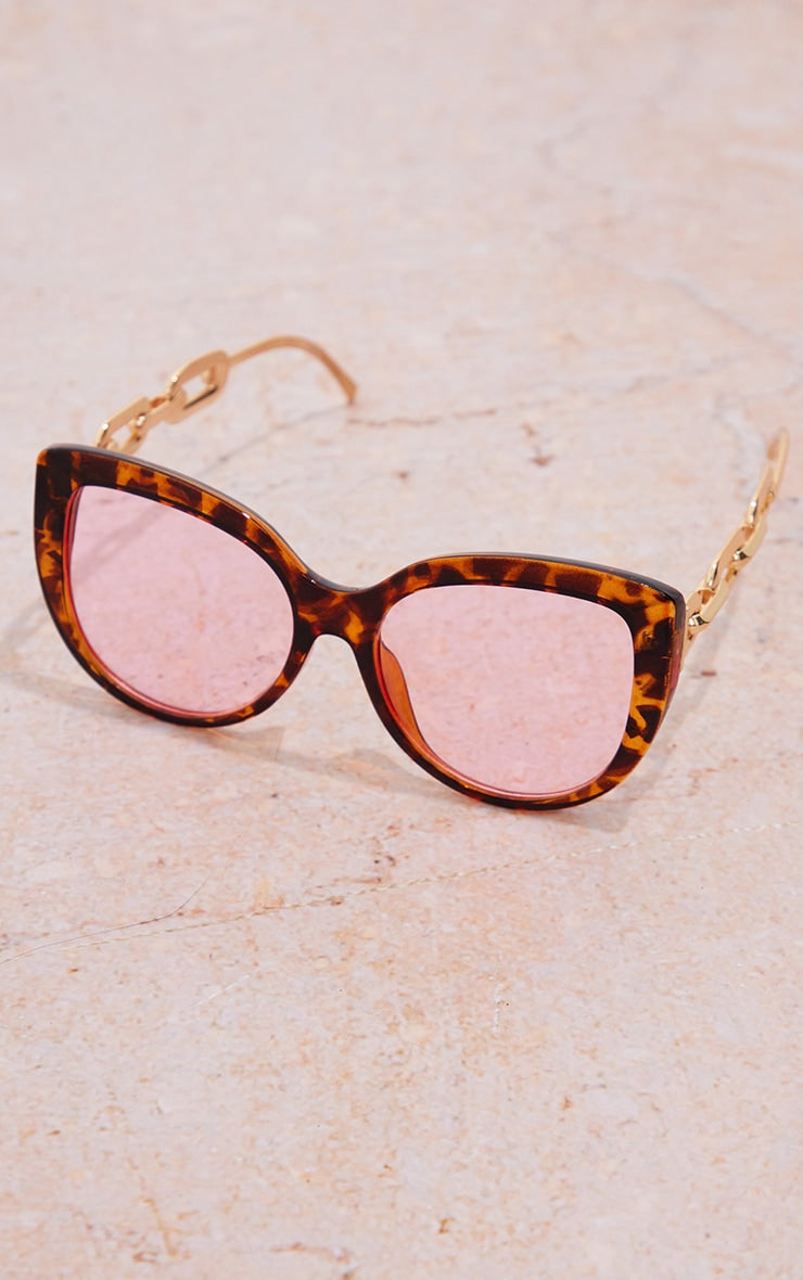 Tortoiseshell Oversized Pink Lens Chunky Chain Sunglasses