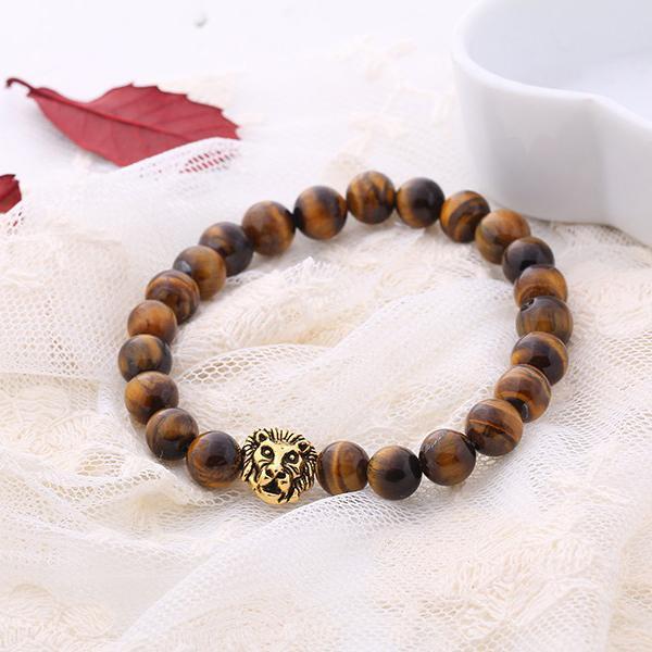 Tiger Eye Natural Stone Lion Head Stretch 18K Gold Plated Bracelet