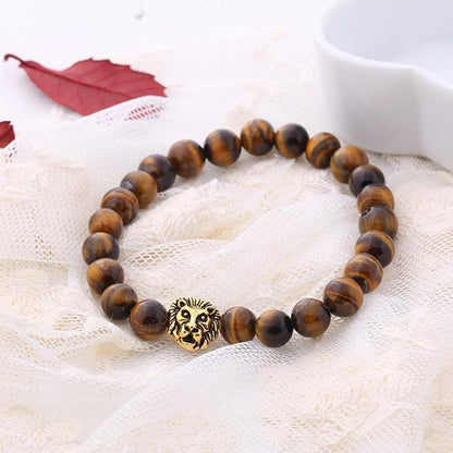 Tiger Eye Natural Stone Lion Head Stretch 18K Gold Plated Bracelet