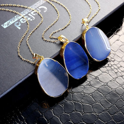 Natural Agate Blue Stone Necklace in 18K Gold Plated