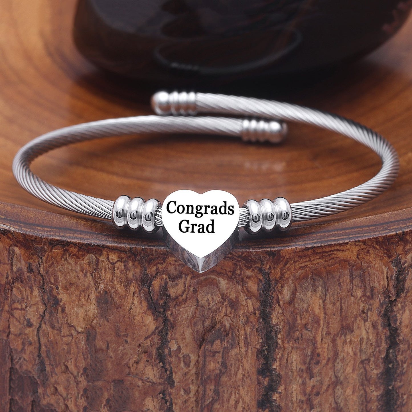 Congratulation 2020 Graduates! "Congrads Grad" Heart Charm Stainless Steel Bangle ITALY Made