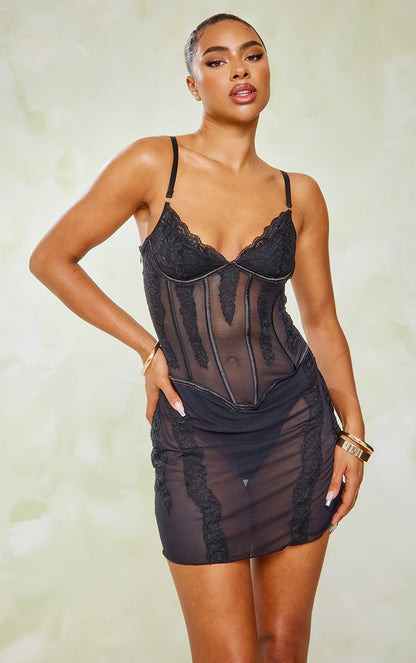 Black Lace Sheer Underwired Strappy Bodycon Dress