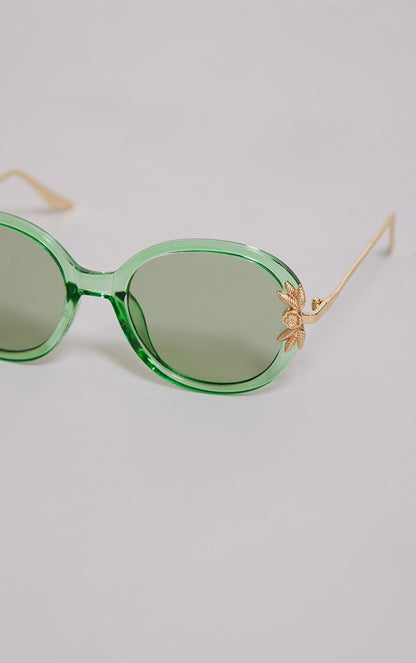 Green Crystal Frame Palm Detail Round Sunglasses