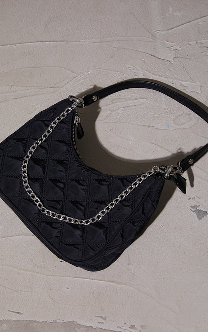 Black Quilted Silver Chain Detail Shoulder Bag