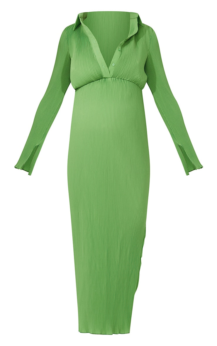 Maternity Green Plisse Button Thru Midi Dress