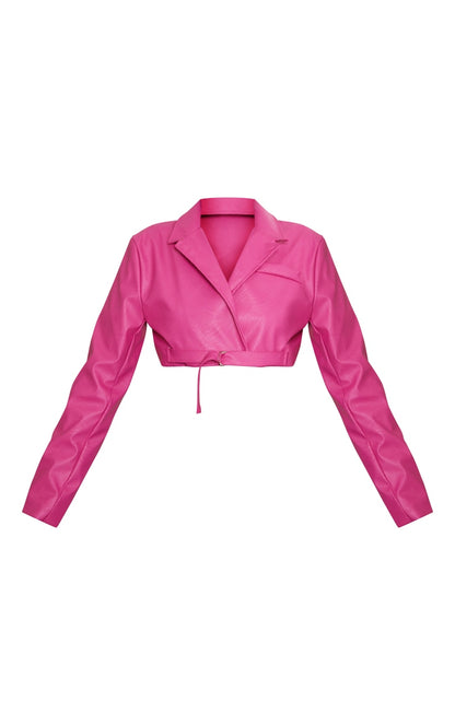 Bright Pink Buckle Detail Faux Leather Super Cropped Blazer