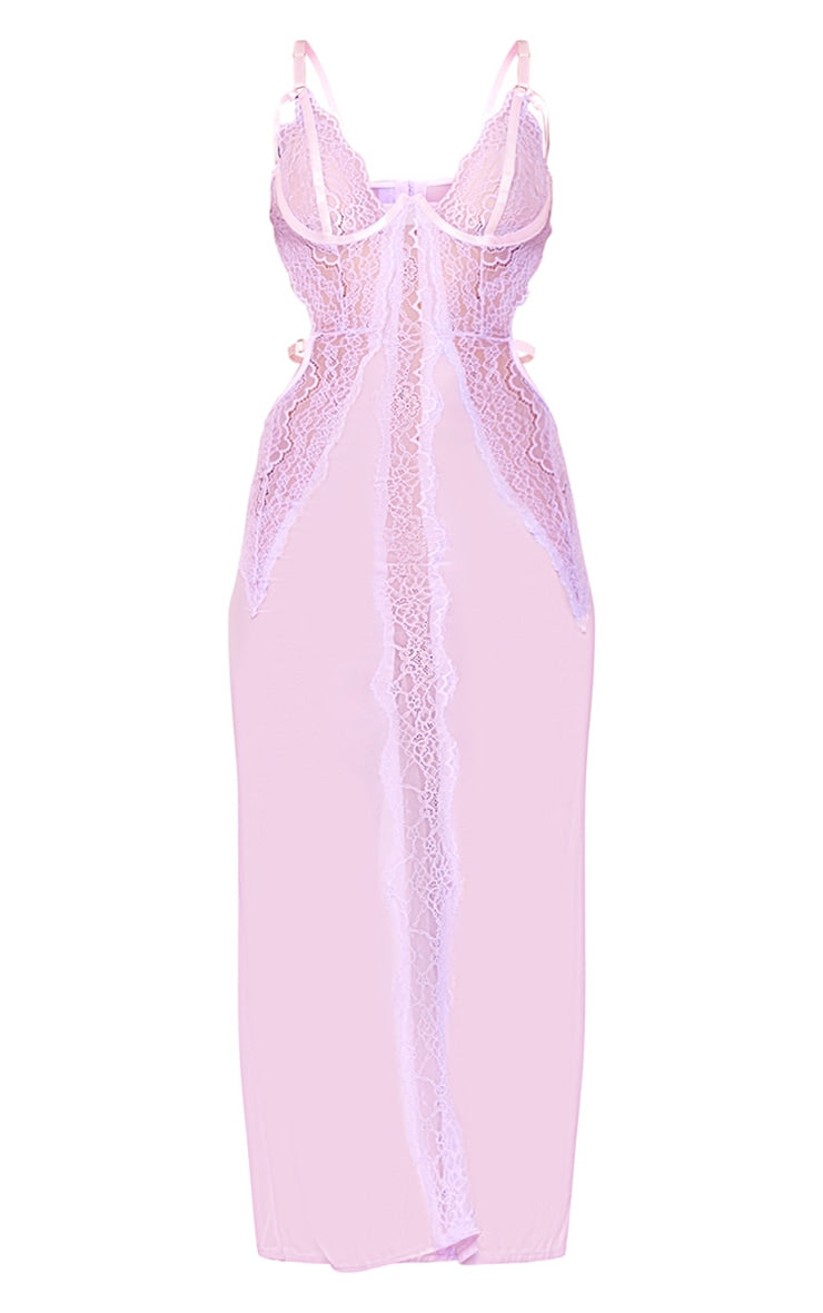 Lilac Lace Underwired Cut Out Detail Sheer Midaxi Dress